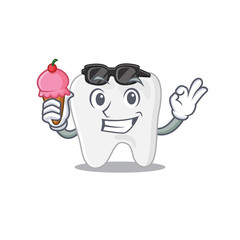 A cartoon drawing of tooth holding cone ice cream