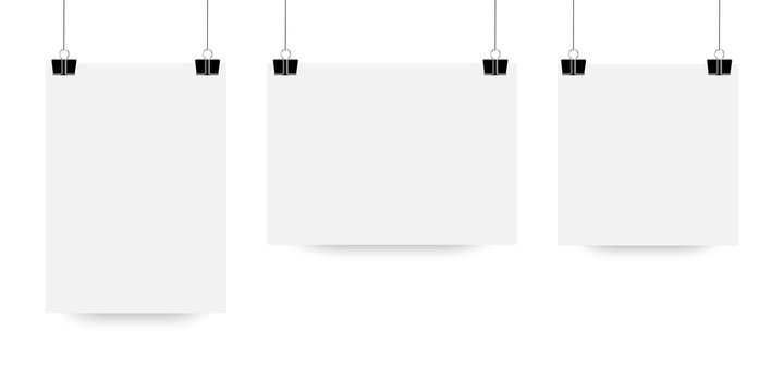 The sheet hangs on the clip. White paper poster in mocap style. A vector template of a suspended light sheet of paper. Stock Photo.