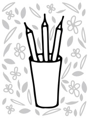 Office tools. Pencils in a glass. Isolated outline drawing.