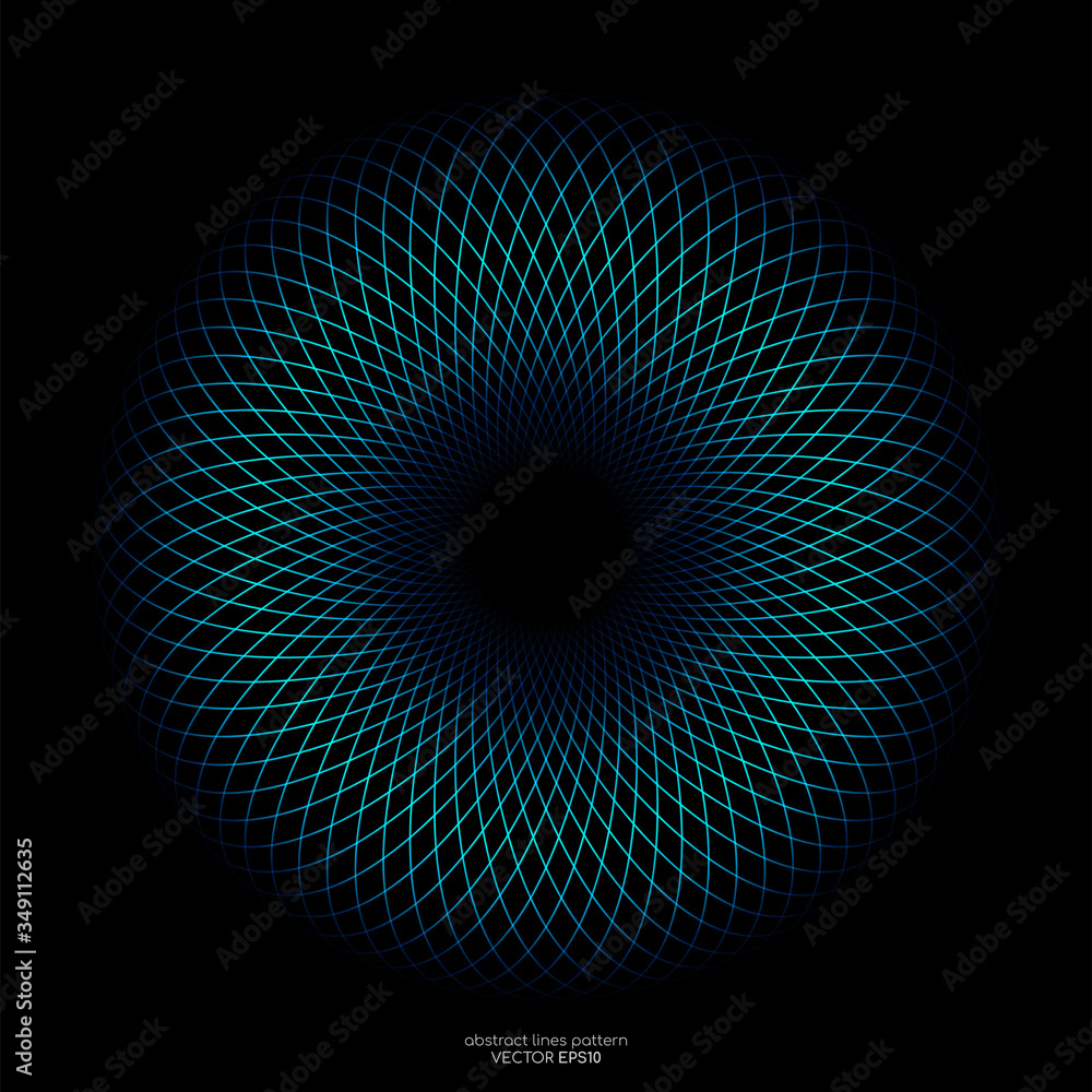 Aufkleber Abstract blue green light lines weaving pattern in circle shape isolated on black background. Vector illustration in concept technology, science, music, modern.