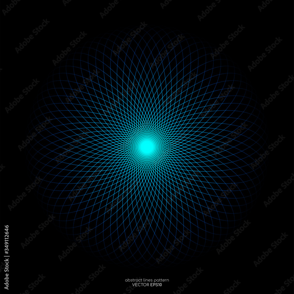 Poster Abstract blue green light lines weaving pattern in circle shape isolated on black background. Vector illustration in concept technology, science, music, modern.