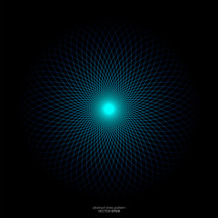Abstract blue green light lines weaving pattern in circle shape isolated on black background. Vector illustration in concept technology, science, music, modern.
