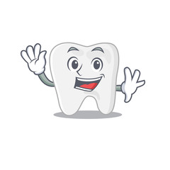 A charming tooth mascot design style smiling and waving hand