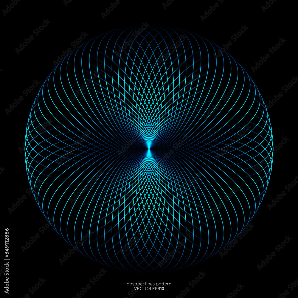 Aufkleber abstract blue green light lines weaving pattern in circle shape isolated on black background. vector