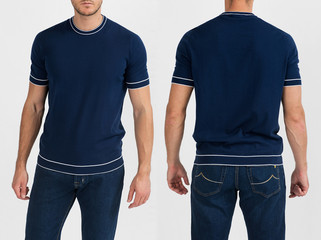 A handsome muscular guy in a blue t shirt. Mockup of a template of a blue man's t-shirt on a white background. Front view, rear view. 