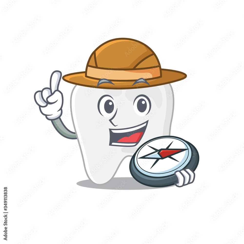 Poster mascot design concept of tooth explorer using a compass in the forest