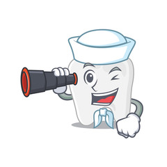 A cartoon picture of tooth Sailor using binocular