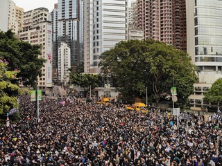 The protests in Hong Kong. People in the square in honor of freedom. Center of the country. For...