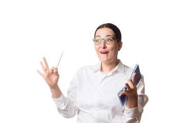 Conversation. Speaker does expressive gesture with hands and surprised face. Caucasian adult woman in formal shirt and glasses with a pen and a clipboard. Manager, boss, teacher or expert talk to the