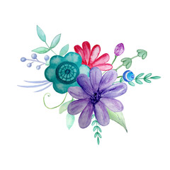 bouquet watercolor russian flowers leaves and branches
