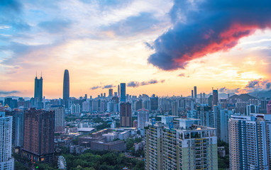 Skyline of burning clouds in the evening at Yayuan Interchange, Luohu District, Shenzhen, China