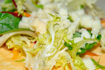 Leafy salad, sliced vegetables and pita sauce are the basis for homemade Shawarma. Close up.