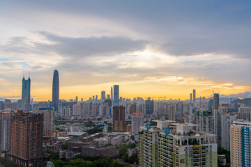 Skyline of burning clouds in the evening at Yayuan Interchange, Luohu District, Shenzhen, China