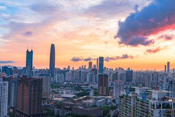 Skyline of burning clouds in the evening at Yayuan Interchange, Luohu District, Shenzhen, China
