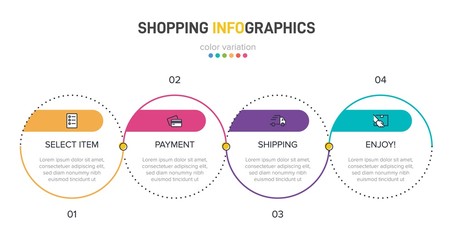 Concept of shopping process with 4 successive steps. Four colorful graphic elements. Timeline design for brochure, presentation, web site. Infographic design layout.