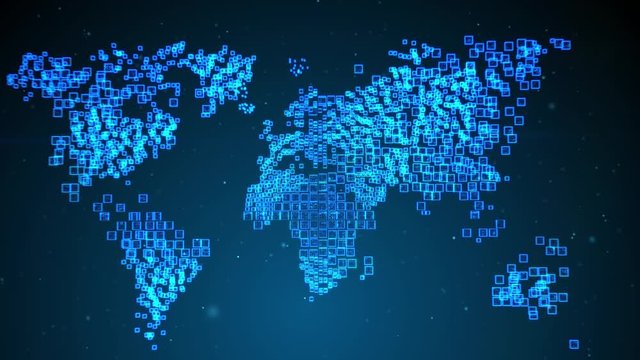 animation. the effect of many particles gathering in a map of the world. with holographic glow