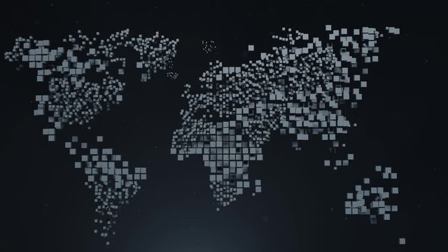 animation. the effect of many particles gathering in a map of the world