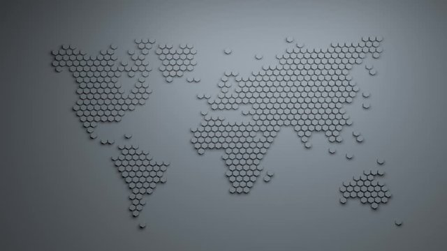 loop animation. world map consisting of large honeycombs with ripple effect.