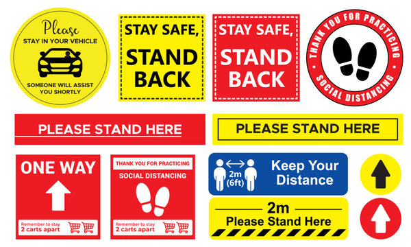 Collection of Social distancing graphic signs to use in the public queue in vector format