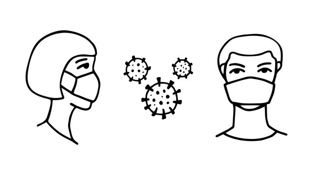 Man and woman wearing protective Medical mask for prevent Wuhan infection. Novel coronavirus 2019-nCoV. Virus symbol. Cell microbe.†Prevention of covid. Global pandemic alert. Covid-19 outbreak.