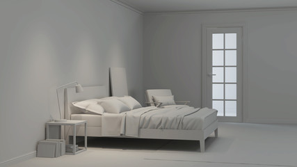 Modern bedroom interior. Gray interior. 3D rendering.
