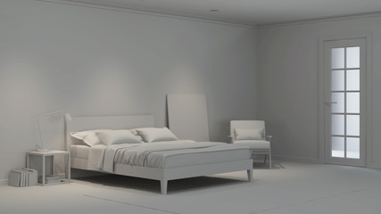 Modern bedroom interior. Gray interior. 3D rendering.