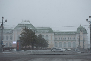 Russia. Khabarovsk-April 2020: Spring snowstorm in Khabarovsk. Views of the snow-covered train station