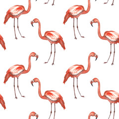 pink bird seamless pattern, watercolor flamingos, white background, blank, print, fabric, wallpaper, packaging, children's illustration, .beautiful pink bird