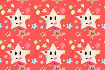 The abstract seamless pattern of colorful happy star with heart and  balloon for background, Gift Wrap ,wallpaper, fabric print, cloth texture, illustration.