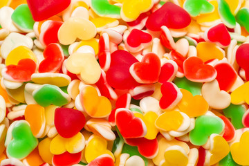 Juicy colorful jelly sweets. Gummy candies. Hearts.