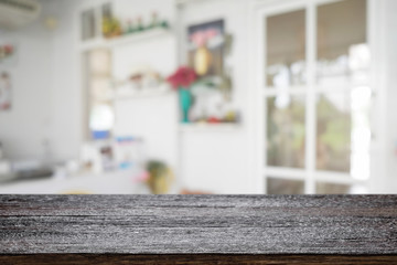 Wood desk space and blurred of kitchen background. for product display montage. business presentation.