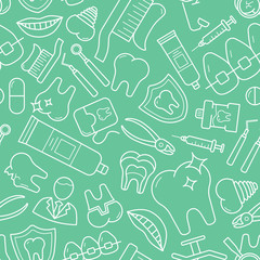 Dentist - Vector background (seamless pattern) of medicine, tooth, toothbrush, toothpaste, caries and floss for graphic design