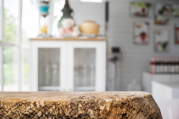 Wood desk space and blurred of kitchen background. for product display montage. business presentation.