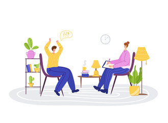 Psychological servise - upset man and woman psychologist indoor, in room. Costumer and therapist on individual therapy session, helpful consultation and personal assistance. Isolated vector