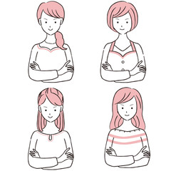 手描き1color　腕組みをする笑顔の女性4人