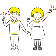  	手描き1color  男の子女の子　指差しとガッツポーズ