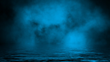 Mystic smoke on the floor. Fog isolated on black background.Reflection on water.