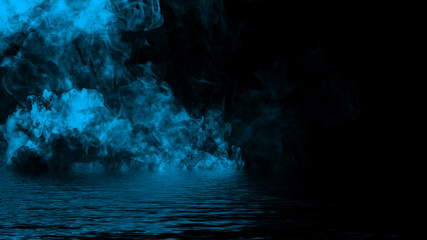 Mystic smoke on the floor. Fog isolated on black background.Reflection on water.