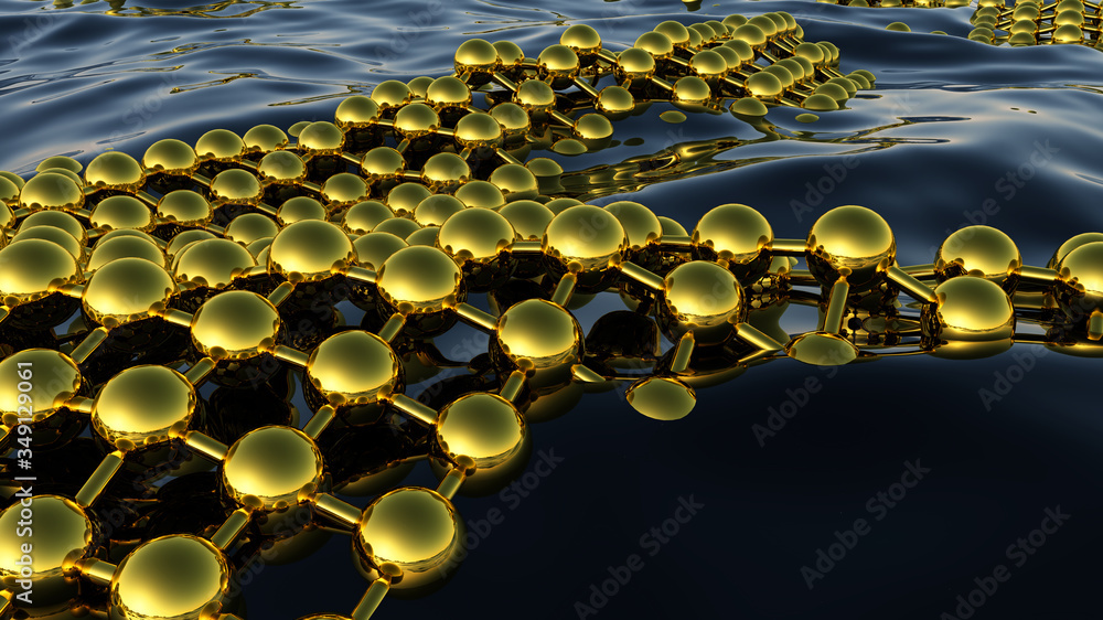 Poster abstract business science or technology background with golden lattice over the water surface. 3d il