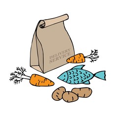 Products before the purchase package. Paper bag with says delivery service. Home delivery. Potato, carrots, fish. Online ordering of products for the house.
