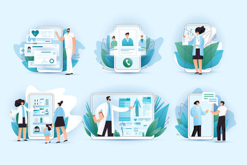 Online medicine vector flat concept. Doctors and nurses helping with medical treatment, picking right pills in online pharmasy, medic consulting on a phone and tablet