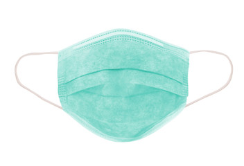 Fight coronavirus Covid-19. Medical use surgical face mask for protect against virus and bacteria. Green colour 3 layer protective surgical mask isolated - image