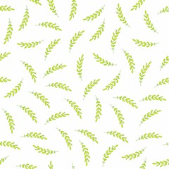 Small green twigs seamless pattern on white background. Hand drawn simple floral, herbal vector digital paper in eco style. For printing on fabric, textiles, paper, packaging, wallpaper, wrapping