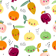 Funny hand drawn tropical fruits cartoon seamless pattern on white background. For modern and original textile, wrapping paper, wall art.