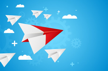 Group of paper planes with leader on blue background