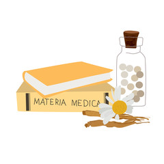 Homeopahy icon or logo, alternative medicine, natural organic therapy, treatment homopathical balls bottle, chamomile and materia medica book isolated on white vector illustration.