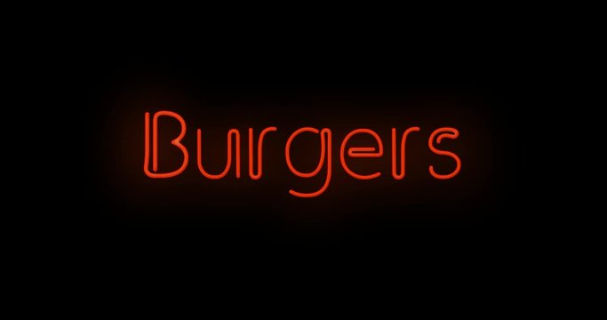 Flashing red Burgers sign on and off with flicker on and off on black background