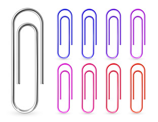 Realistic colorful metal paper clips isolated on white background. Page holder, binder. Vector illustration.