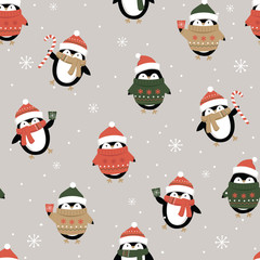 Seamless cute penguin on silver background, Christmas ornament pattern, Vector illustration