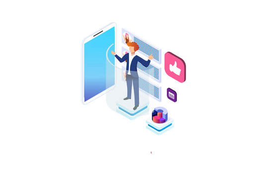 Product of e-shop. Shop available assistance, accessible always. Clock illustration for site or center. Isometric images of transaction customer support concept with characters. Vector illustration.